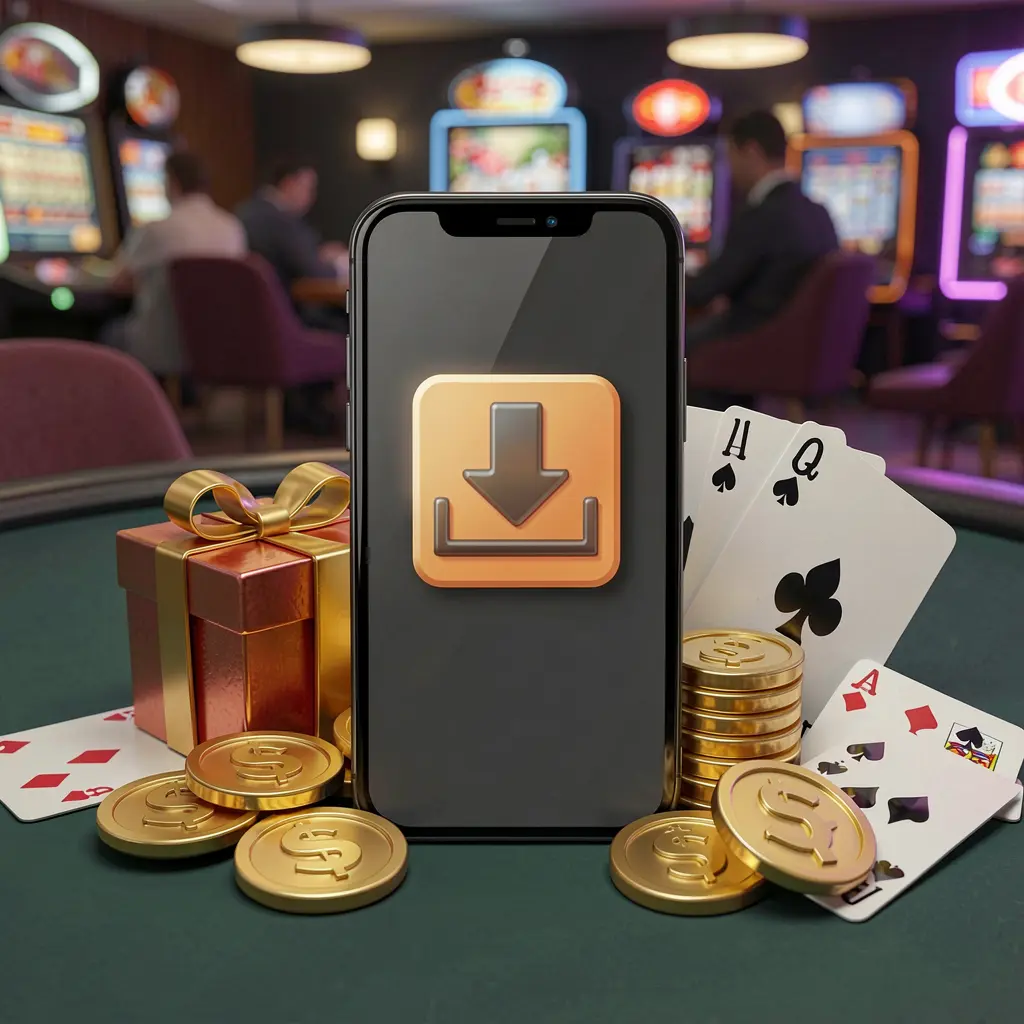 110NEX casino app download concept showing a smartphone with a download icon surrounded by golden coins, a gift box, and playing cards in a modern mobile gaming atmosphere