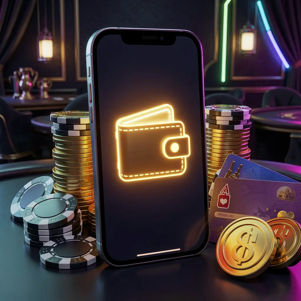 110NEX online casino deposit bonus concept with smartphone screen displaying a glowing wallet icon surrounded by stacks of golden coins, poker chips, and bank cards on a dark luxury background with neon highlights in a realistic 3D illustration