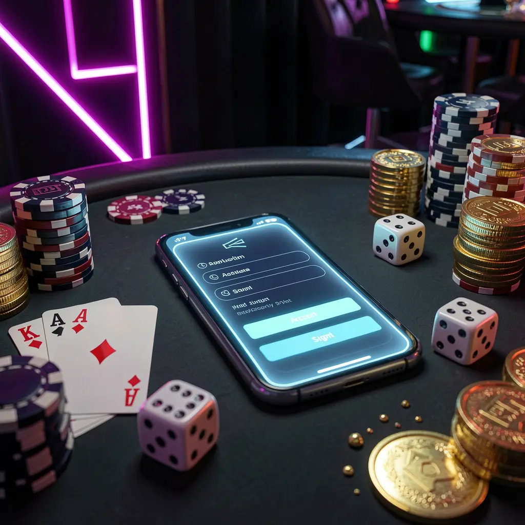 110NEX casino account sign in scene with a glowing smartphone on a casino table surrounded by cards, chips, dice, and gold coins against an elegant dark background with neon highlights