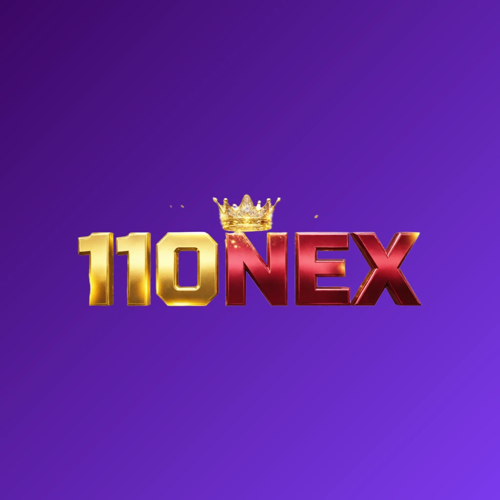 Dynamic casino-style logo for 110NEX featuring massive bold gold and crimson lettering with a glowing crown and sparkling light effects on a transparent background