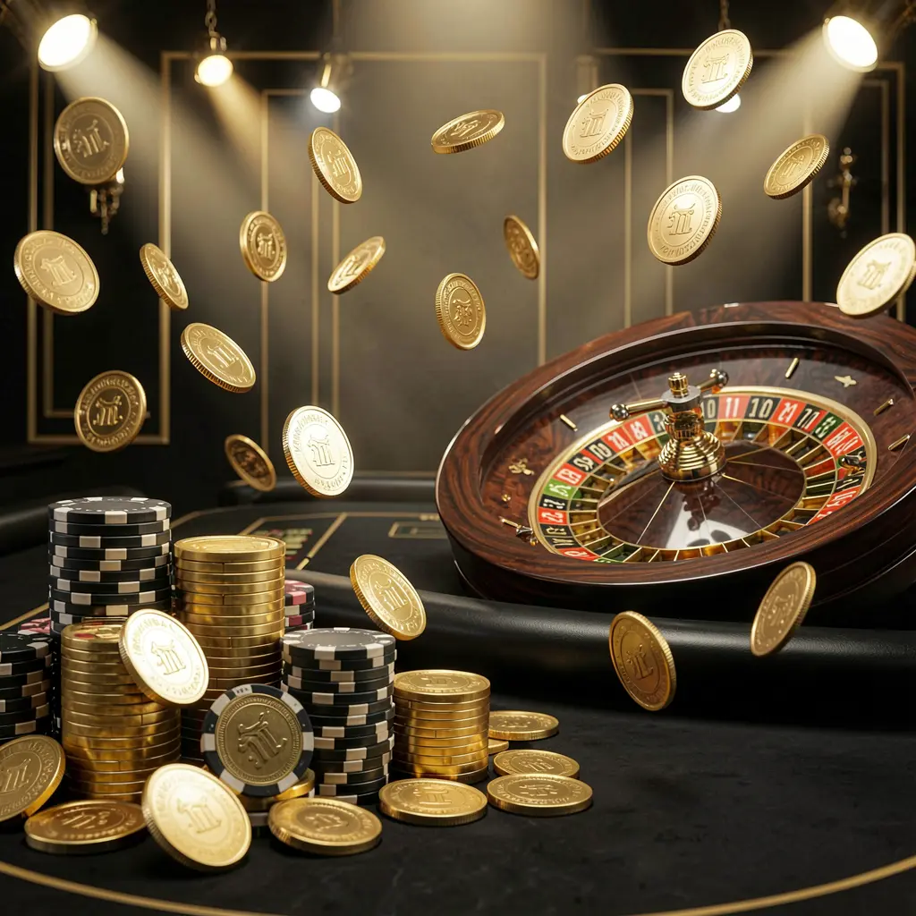 110NEX online casino main page background featuring dramatic casino lights, golden coins flying, stacked poker chips in the foreground, and a roulette wheel behind in a luxury black and gold atmosphere